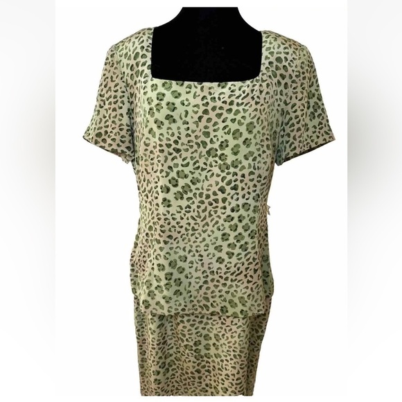 Vintage Spenser Jeremy 100% Silk Maxi Dress Sz 12 Green Leopard Print Mob Wife - Picture 4 of 10